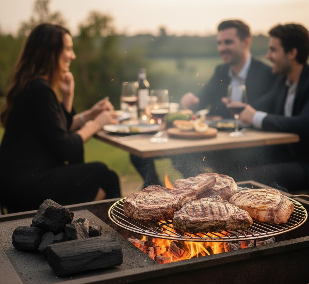 Pormenor de grelhador com Carvão Cubano Marabu de longa duração e queima limpa para carnes nobres.